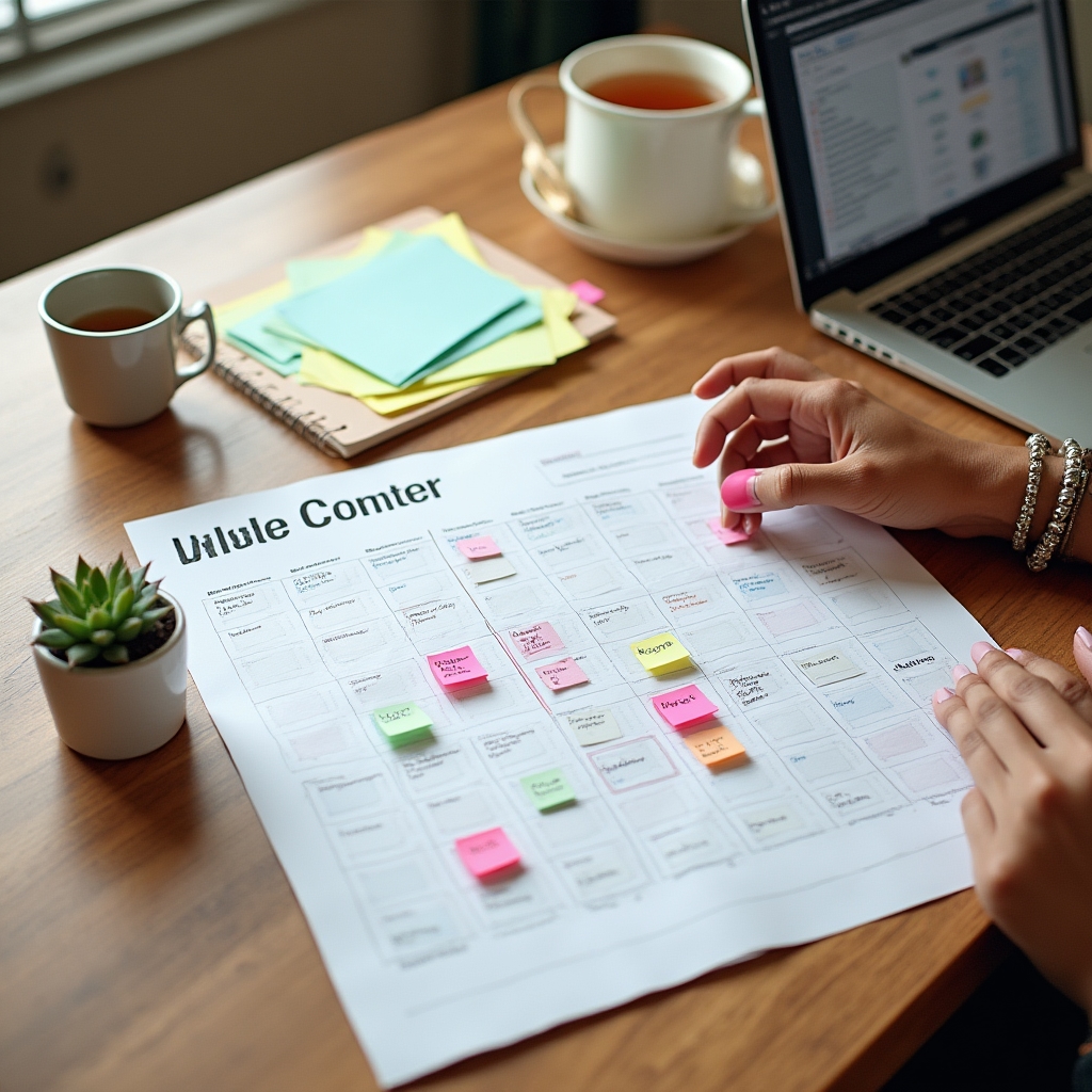 Creator reviewing a content calendar with episode topics laid out on a table