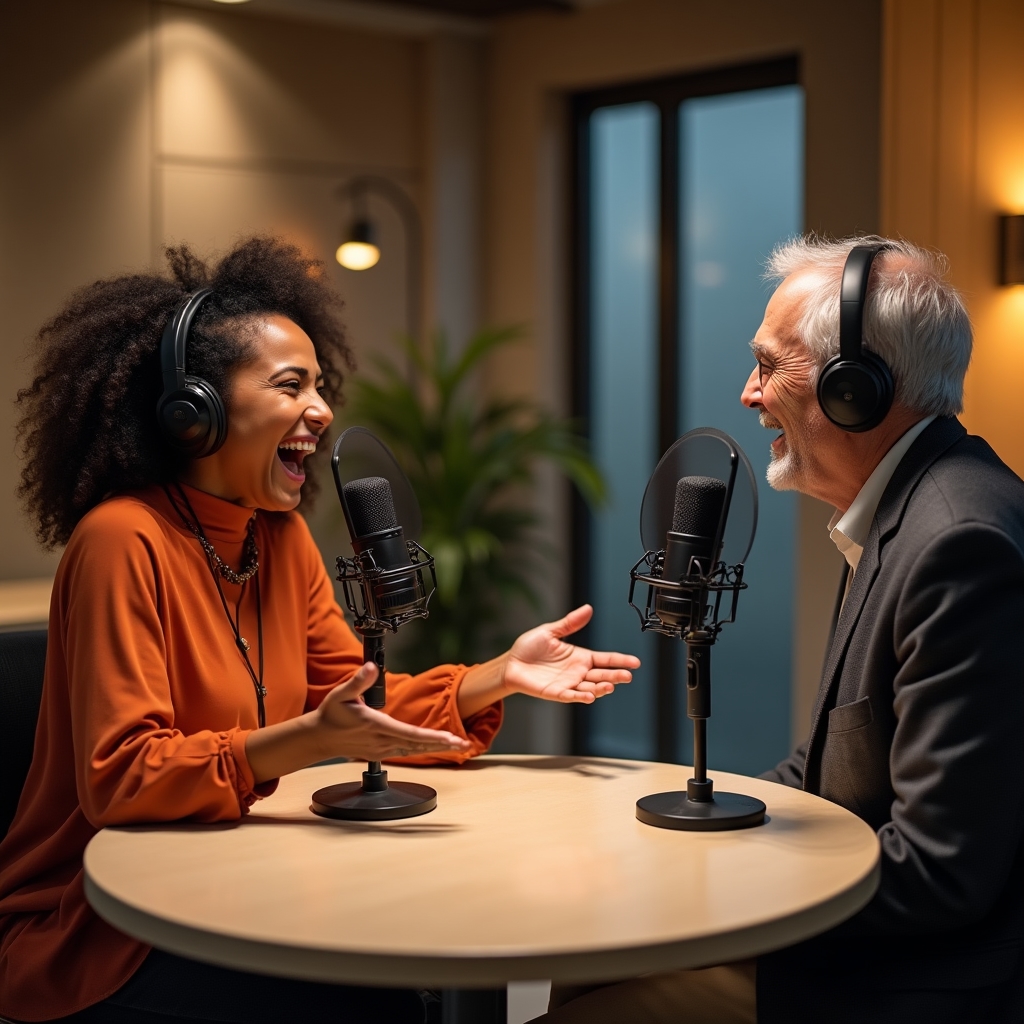 Podcast host mid-conversation with a guest in a bright recording studio