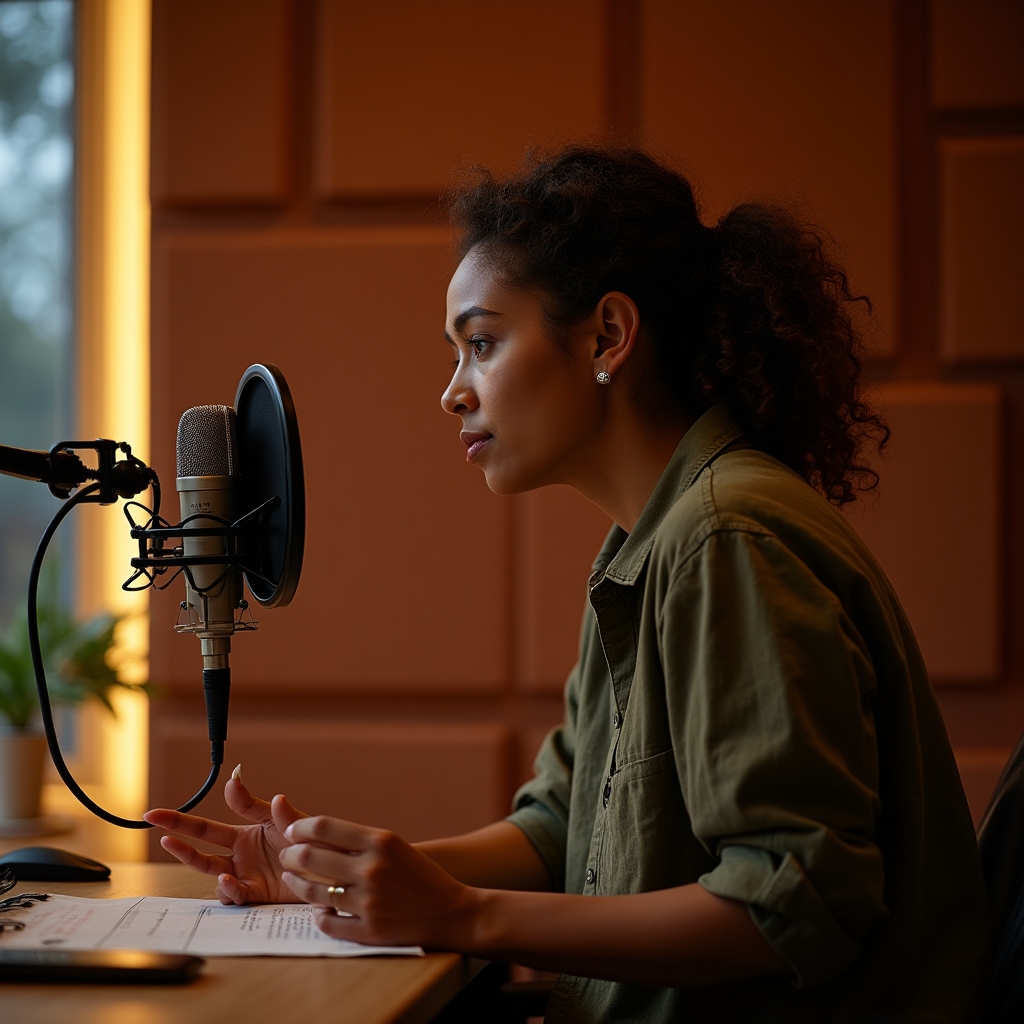 Podcast host recording an episode in a warm, well-equipped home studio