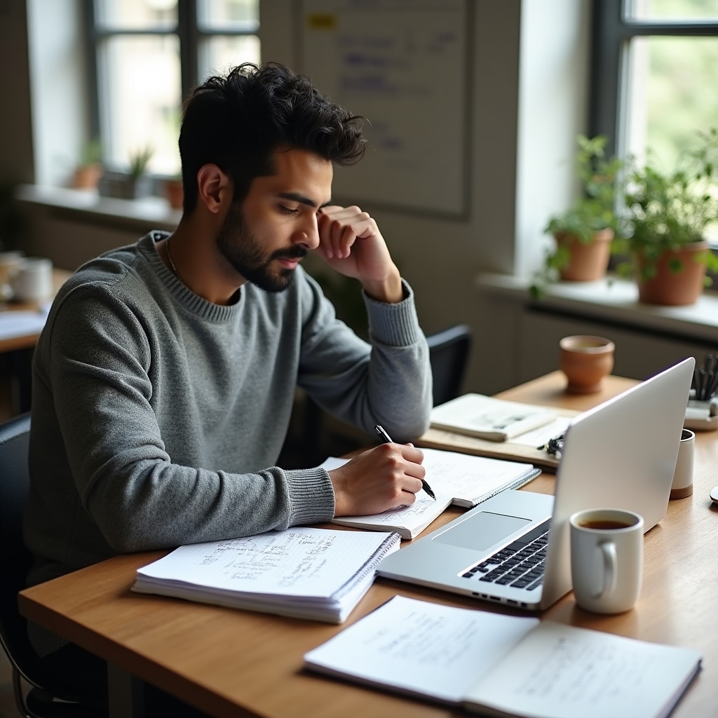 Creator reviewing keyword research notes and audience search terms on a laptop