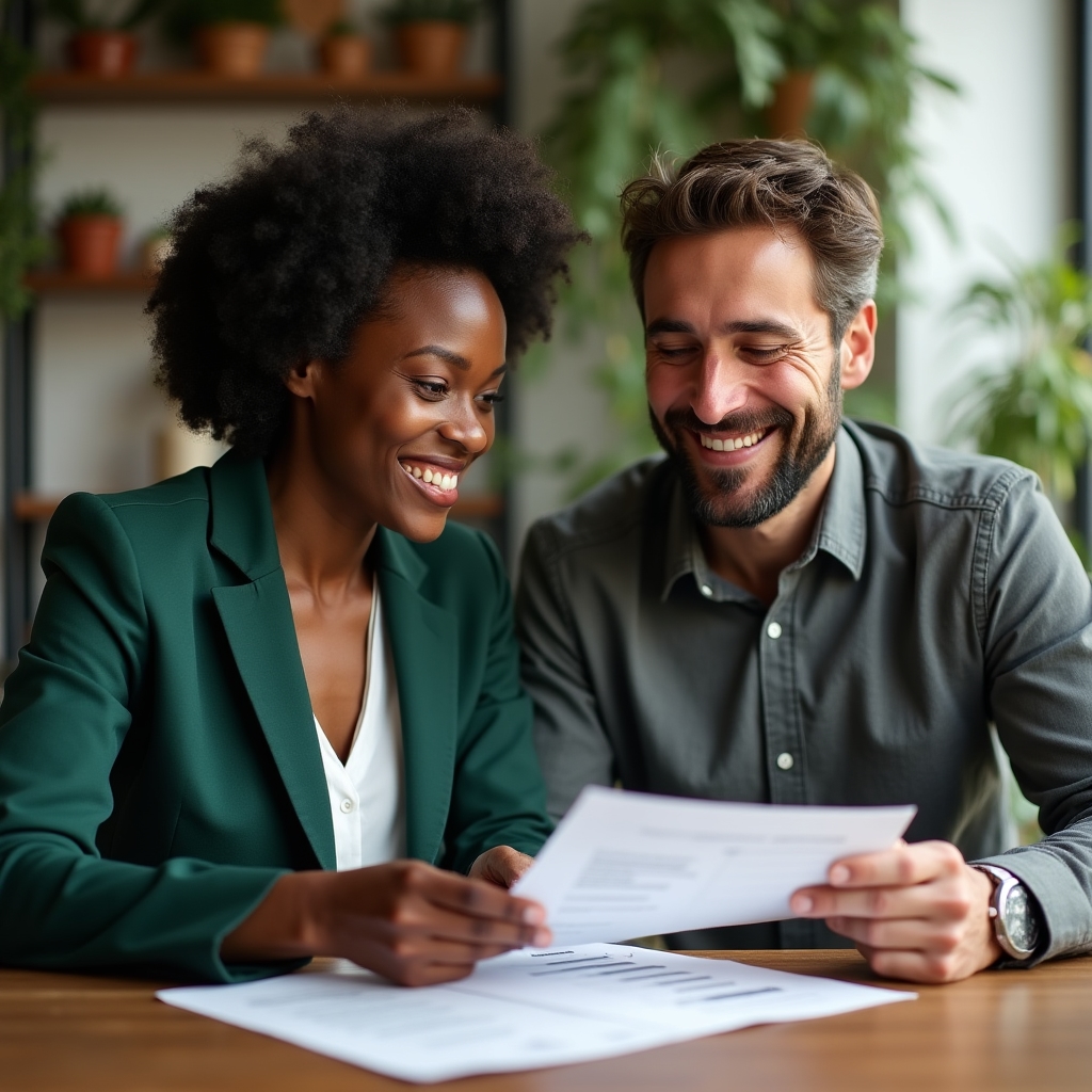 Consultant and podcast host reviewing pricing options across a table
