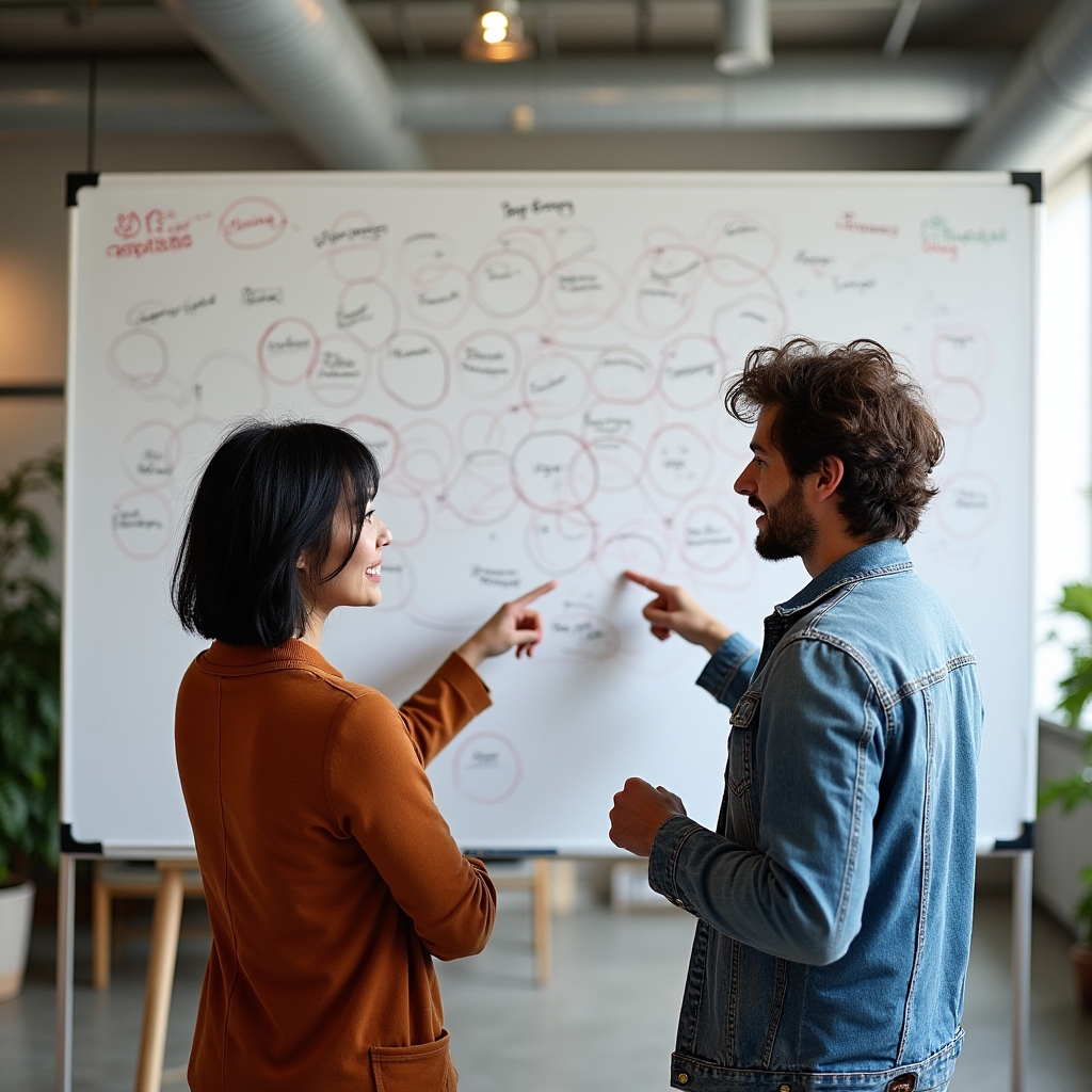 Team planning a podcast series structure on a whiteboard with episode clusters