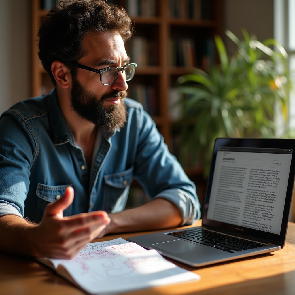 Writer converting a podcast transcript into a structured blog post on screen