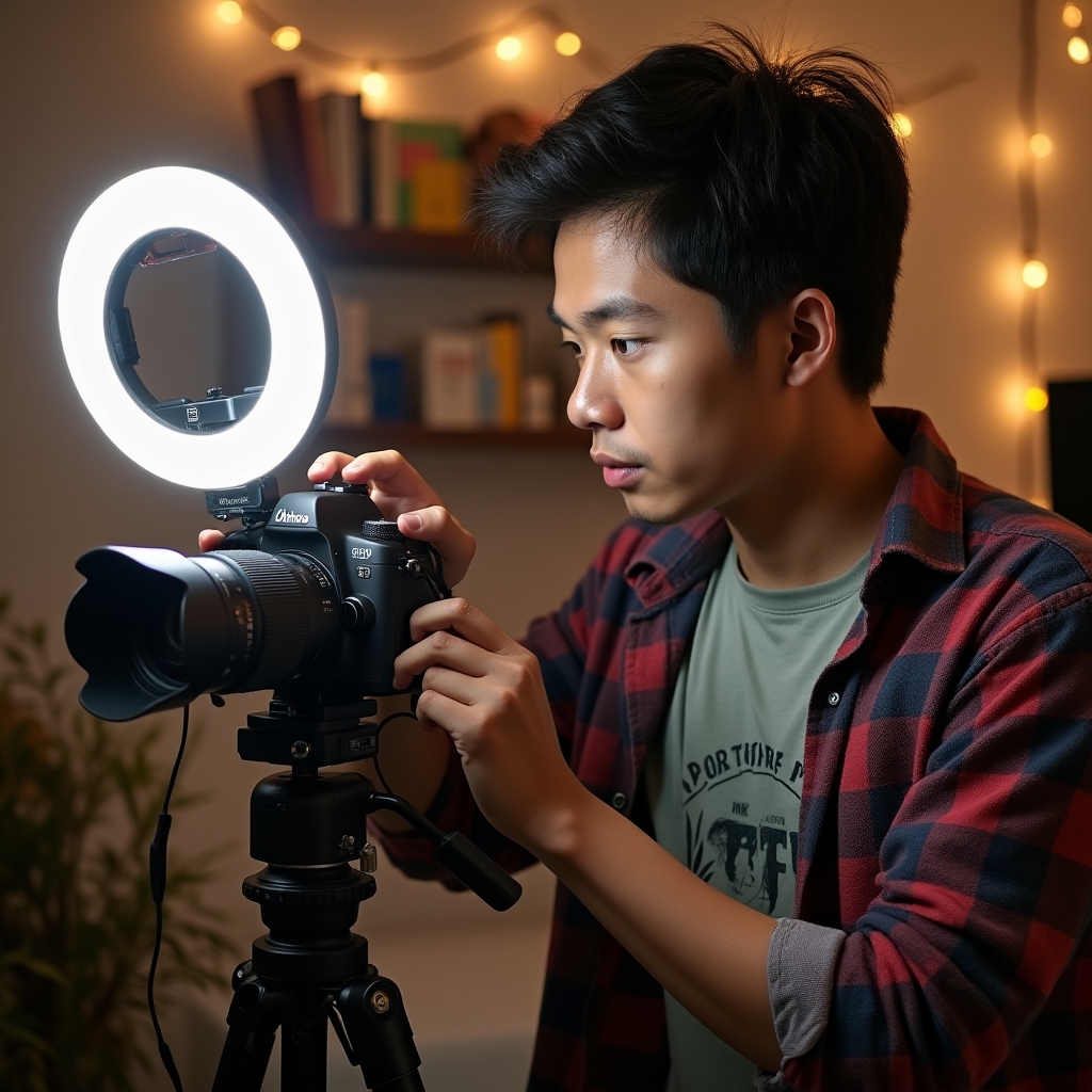 Video creator adjusting a camera and microphone setup before recording